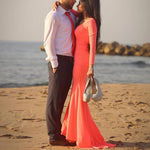 Cargar imagen en el visor de la galería, Coral Chiffon Long Sleeves Mermaid Evening Gowns
