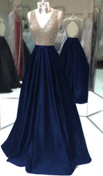 Load image into Gallery viewer, Deep V Neck Long Satin Keyhole Back Prom Dresses 2017
