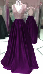 Load image into Gallery viewer, Deep V Neck Long Satin Keyhole Back Prom Dresses 2017
