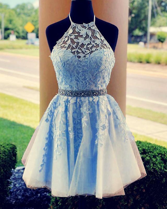 Light Blue Homecoming Dresses Halter Neck