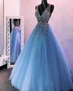 Afbeelding in Gallery-weergave laden, Light Blue Prom V Neck Dress
