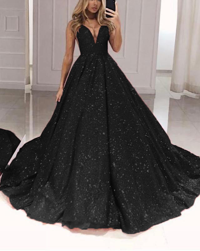Black Sequin Ball Gown Prom Dresses V Neck Floor Length – coloredwedding