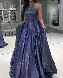 Blue Sparkle Prom Dresses Halter Nall Gown