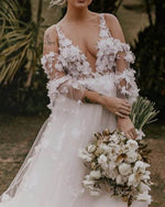 Load image into Gallery viewer, Boho Lace V Neck Tulle Wedding Dress With Cold Sleeves
