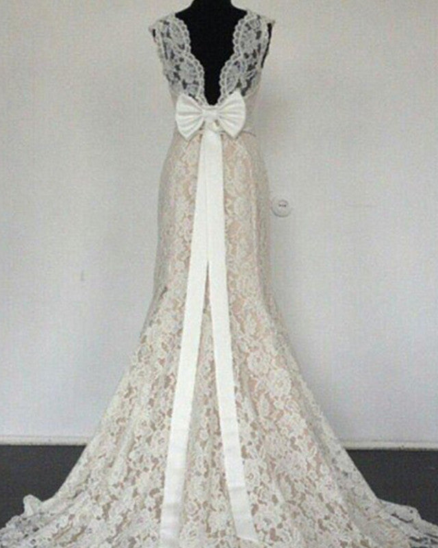 Bow Back Wedding Mermaid Lace Dresses