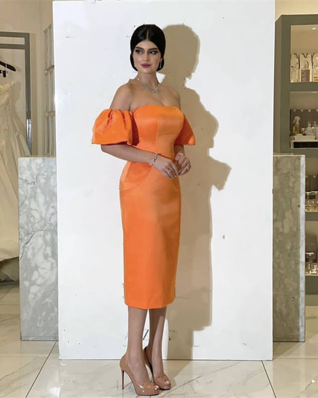 Orange Satin Midi Bridesmaid Dress