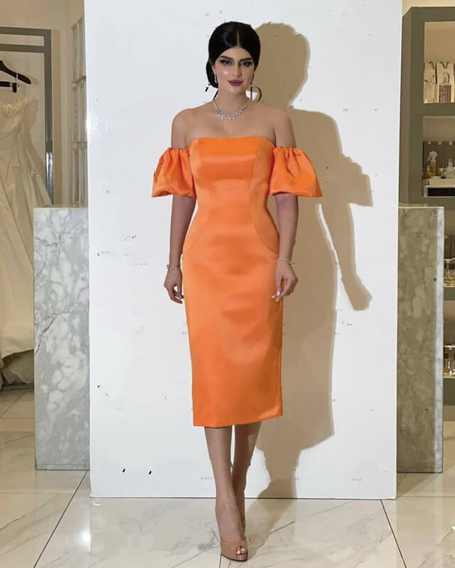Orange Satin Midi Bridesmaid Dress