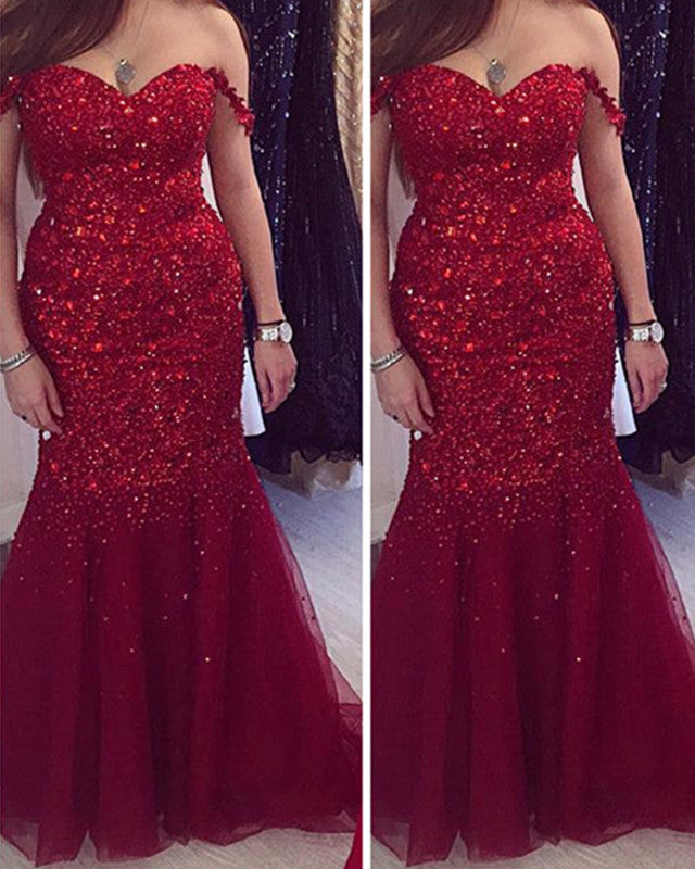 Burgundy Mermaid Crystal Beaded Prom Dresses 2020