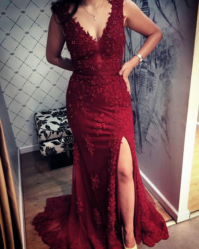 Burgundy Lace Evening Dress 2020