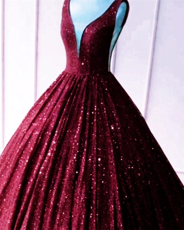 Burgundy Sequin Ball Gown Prom Dresses
