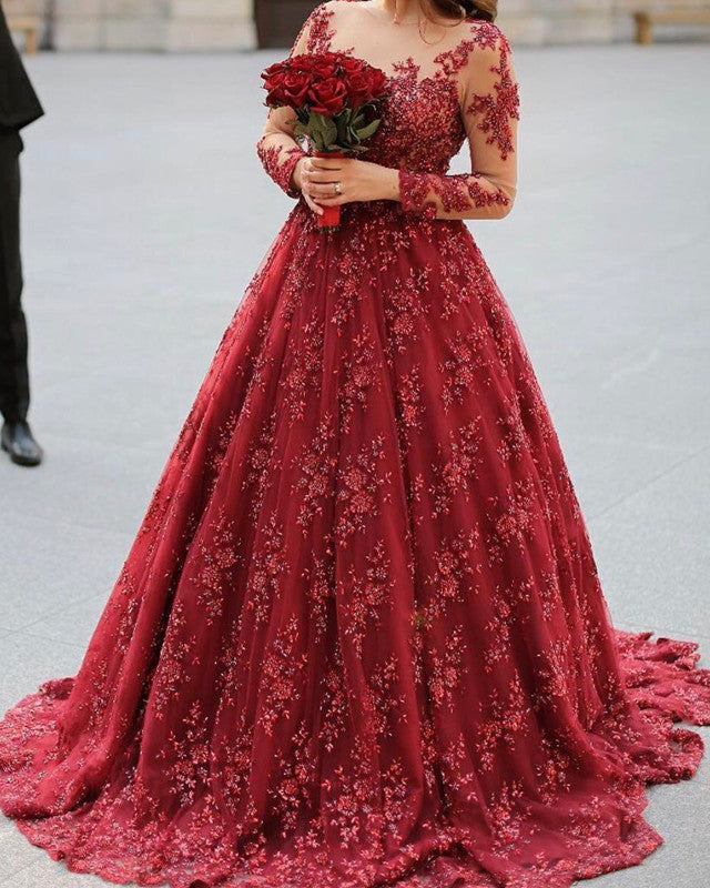 Lace Long Sleeves Wedding Dresses Sheer Neckline
