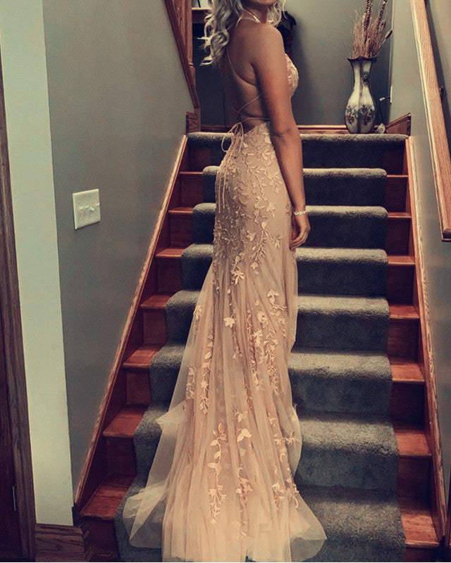 Champagne Tulle Mermaid Prom Dresses 2020