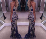 Load image into Gallery viewer, unique Golden Stripe Beading V Neck Long Mermaid Prom Evening Dresses
