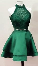 Cargar imagen en el visor de la galería, A Line High Neck Lace Crop Satin Homecoming Dresses Two Piece
