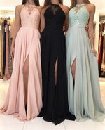 Cargar imagen en el visor de la galería, Elegant Lace Halter Long Chiffon Split Bridesmaid Dresses
