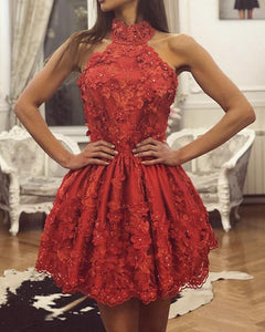 Red Lace Homecoming Dresses Halter