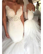 Load image into Gallery viewer, Lace V Neck Ruffles Tulle Mermaid Wedding Dresses

