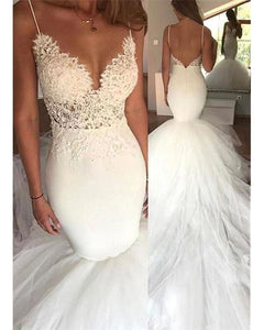 Lace V Neck Ruffles Tulle Mermaid Wedding Dresses