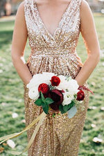 Load image into Gallery viewer, gold sequins v neck sheath bridesmaid dresses

