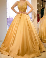 Load image into Gallery viewer, Satin Ball Gowns Prom Dresses Lace Appliques With Sheer Neckline
