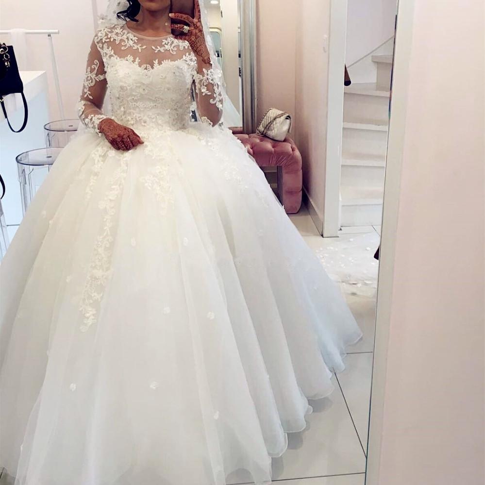 sheer long sleeves white organza ball gown wedding dresses lace appliques 2017