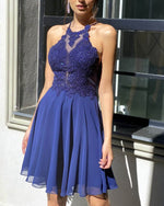 Afbeelding in Gallery-weergave laden, Navy Chiffon A-line Lace Halter Short Dress
