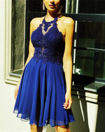 Load image into Gallery viewer, Navy Chiffon A-line Lace Halter Short Dress
