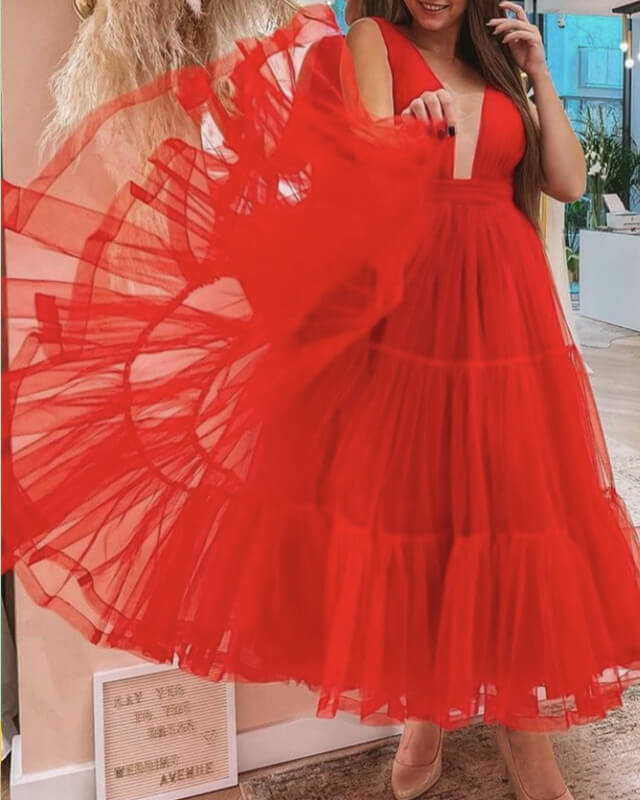 Red Tiered Tulle Plunging Neck Midi Dress