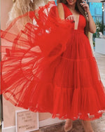 Cargar imagen en el visor de la galería, Red Tiered Tulle Plunging Neck Midi Dress
