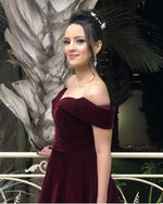 Load image into Gallery viewer, Burgundy Velvet Off The Shoulder Homecoming Dress
