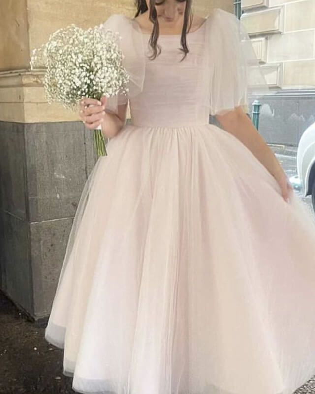 Modest Pale Pink Tulle Midi Dress