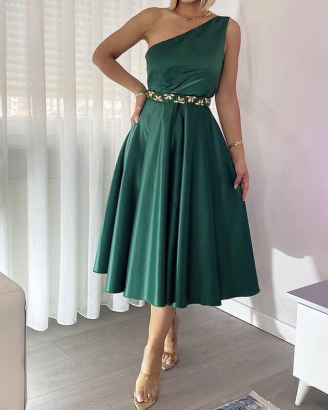 Green One Shoulder Satin Knee Length Homecoming Dress