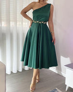Load image into Gallery viewer, Green One Shoulder Satin Knee Length Homecoming Dress
