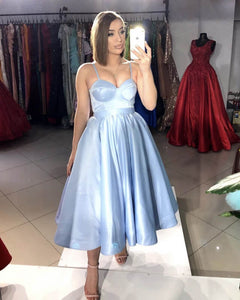 Light Blue Sweetheart Corset Satin Tea Length Dress