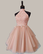Afbeelding in Gallery-weergave laden, Blush Halter Tulle Homecoming Dress Lace Embroidery
