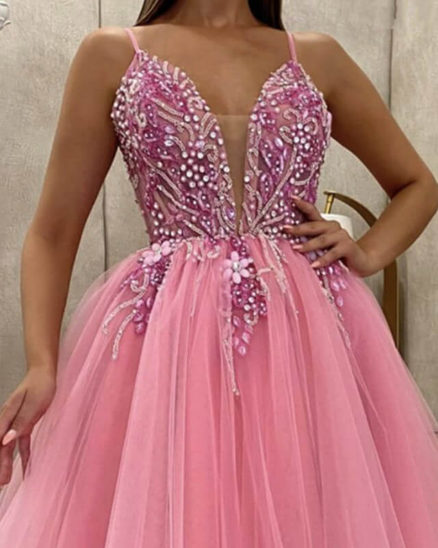 Pink Beaded V-neck Tulle Tea Length Party Dress
