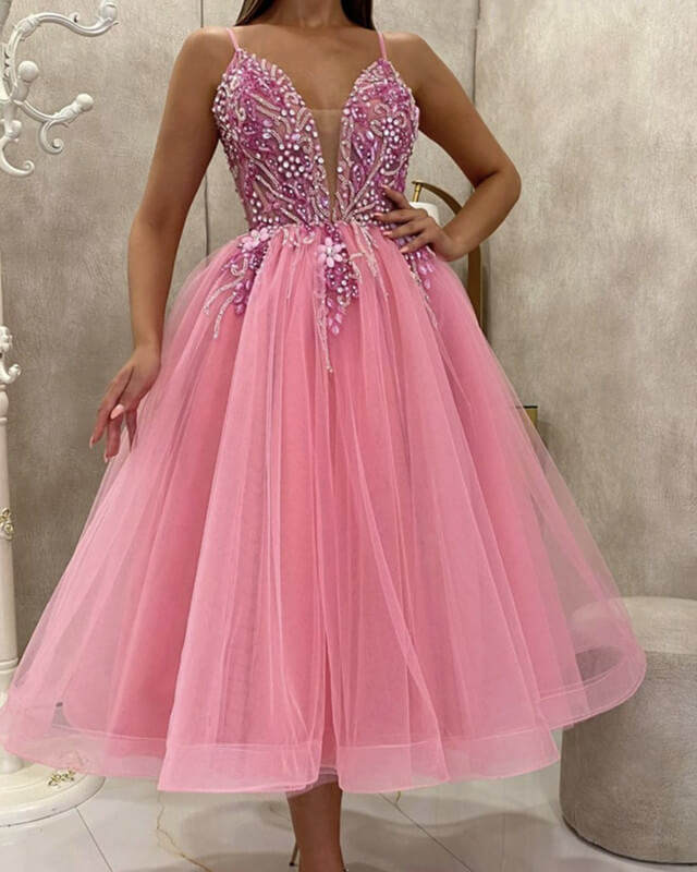 Pink Tea Length Party Dress