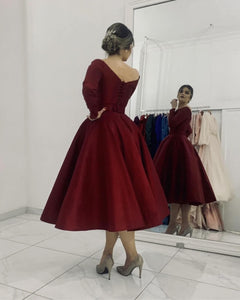 Maroon Satin Long Sleeve Party Dress With Pockets