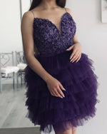 Load image into Gallery viewer, Purple Lace Embroidery Ruffles Homecoming Dress
