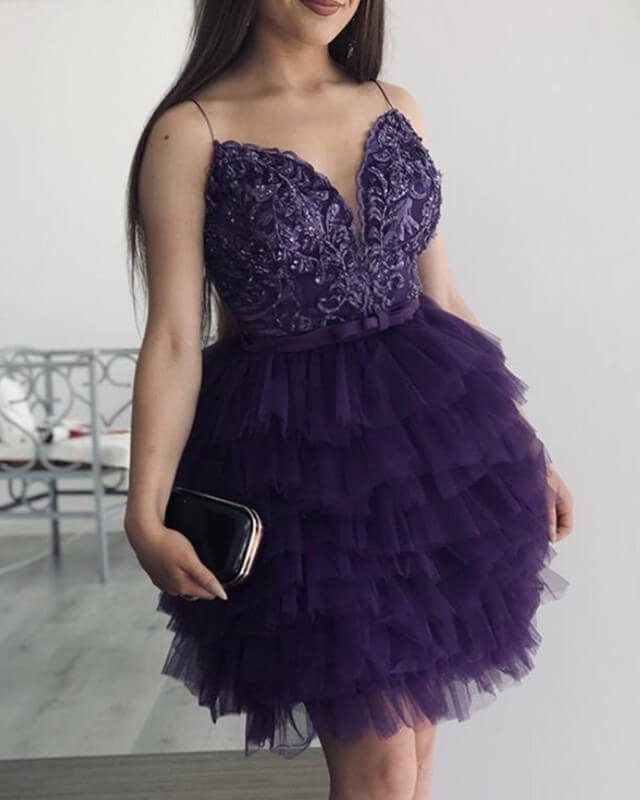 Purple Lace Embroidery Ruffles Homecoming Dress