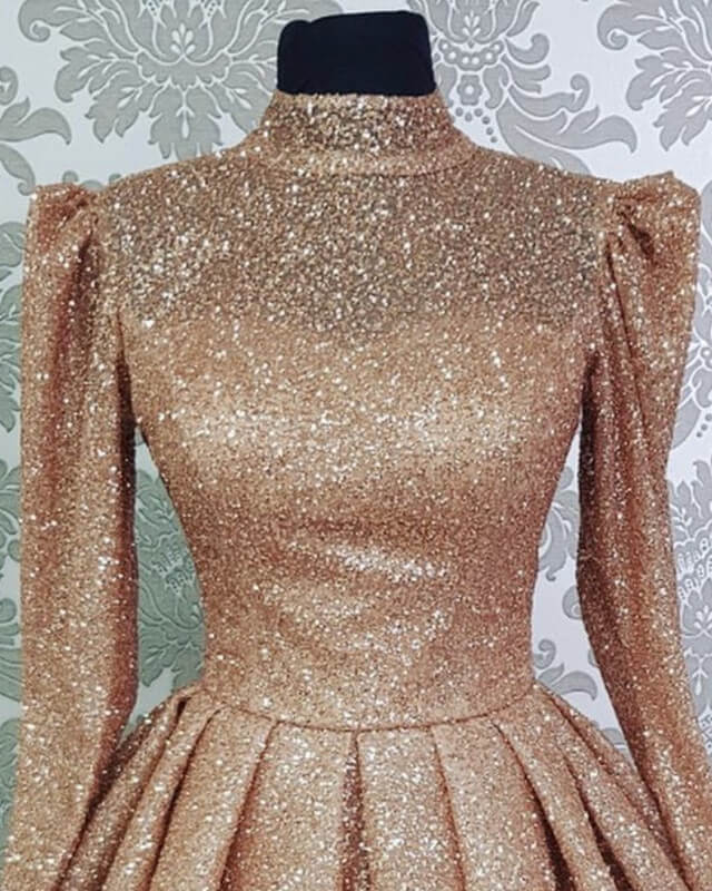 Long Sleeve Rose Gold Sparkly Homecoming Dress