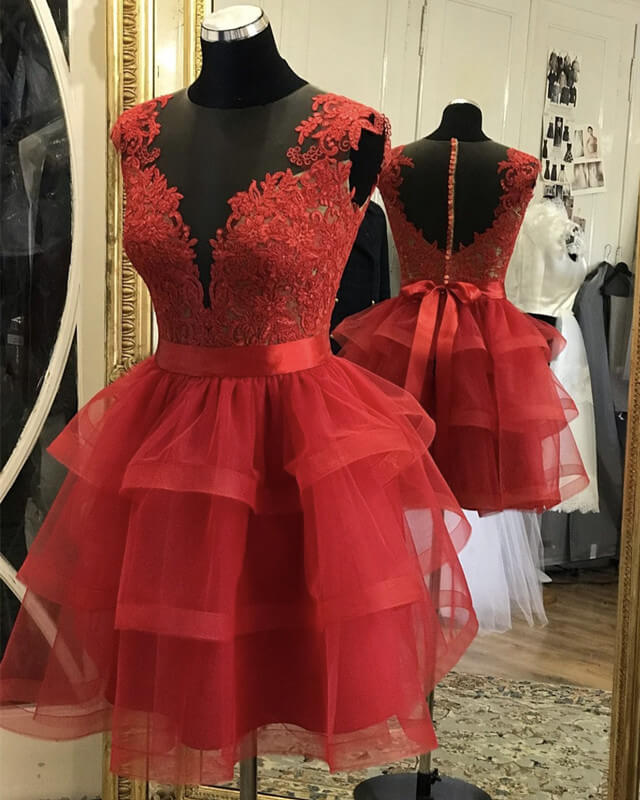 Red Appliques Ruffles Homecoming Dress