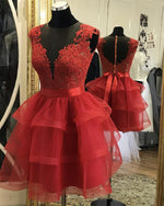 Afbeelding in Gallery-weergave laden, Red Appliques Ruffles Homecoming Dress
