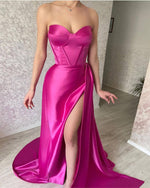 Load image into Gallery viewer, Long Strapless Satin Corset Dress With Slit
