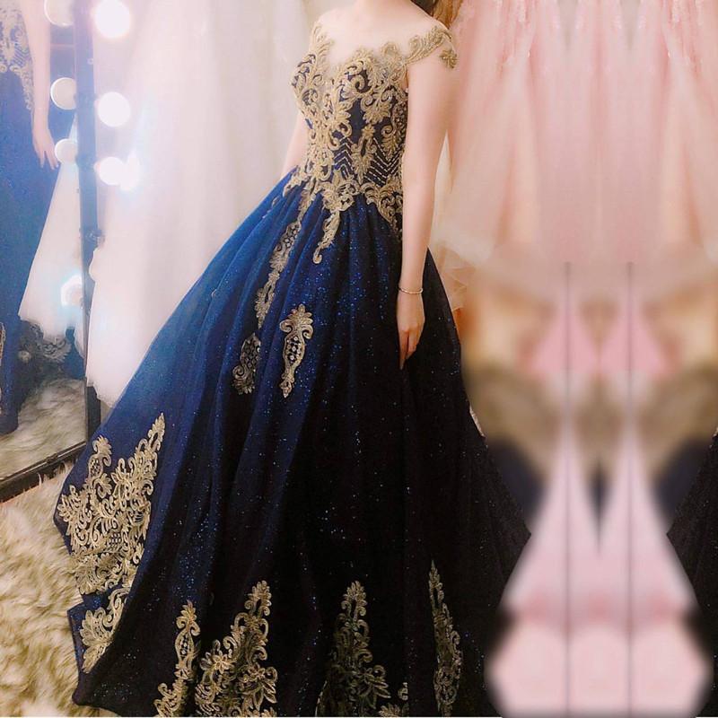 Navy Blue Ball Gowns Wedding Dresses Gold Lace Embroidery