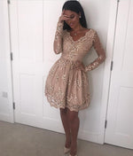 Load image into Gallery viewer, Elegant V Neck Long Sleeves Homecoming Dresses Lace Short Cocktail Dress
