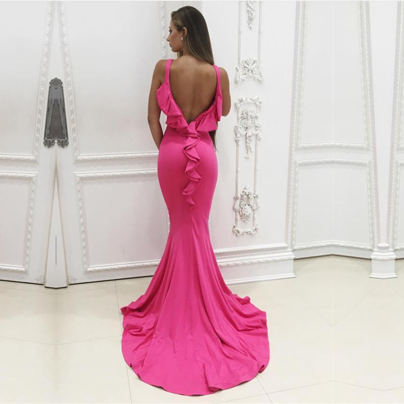 Pink Jersey Ruffle Back Mermaid Prom Dresses 2018 Formal Evening Gowns