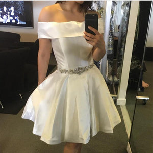 White Satin Off The Shoulder Homecoming Dresses Beaded Sashes