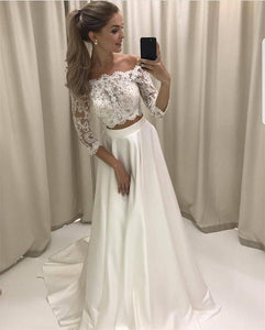 Boho Style Lace Sleeved Two Piece Wedding Dresses Beach Bridal Gowns