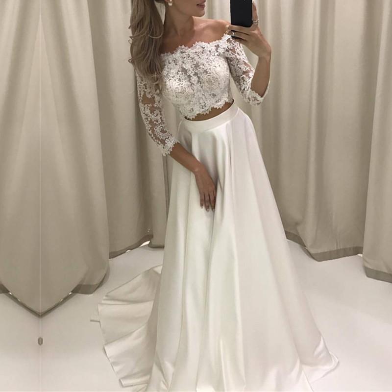 Boho Style Lace Sleeved Two Piece Wedding Dresses Beach Bridal Gowns
